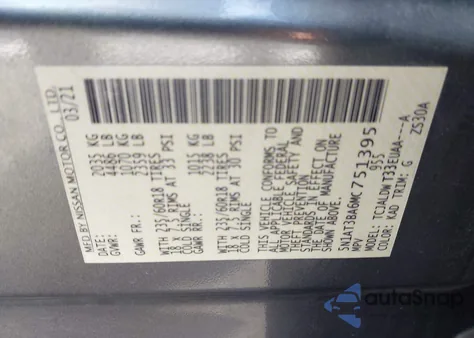 2021 Nissan Rogue Sv Fwd из США, поврежденный, VIN 5N1AT3BA6MC751395